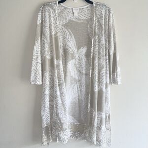 Chicos Longline Cardigan Size L Lightweight Linen Botanical Print Lace Tan White